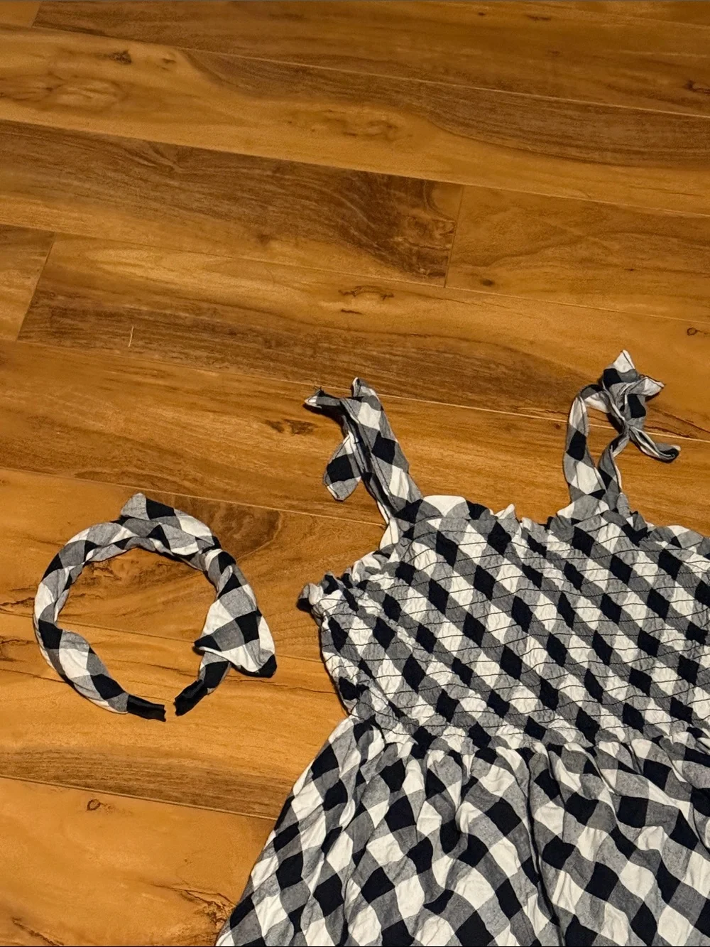 Girls Black & White Gingham Tie-Shoulder Dress with Matching Headband